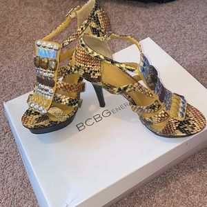 BCBG Kassidia Cora Gloss Snake Heel